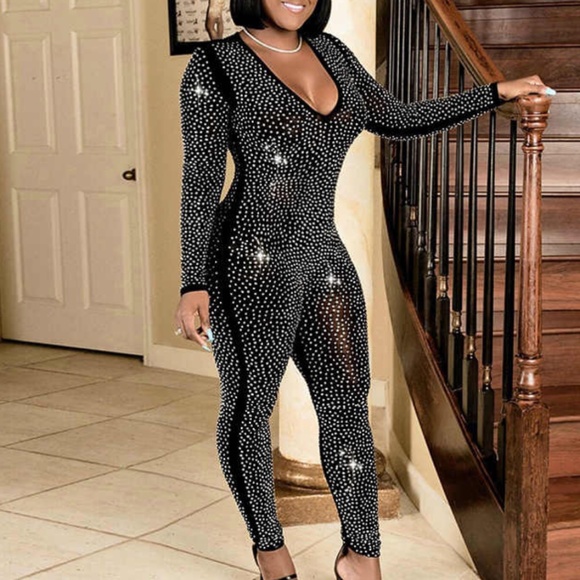rhinestone jumpsuit black